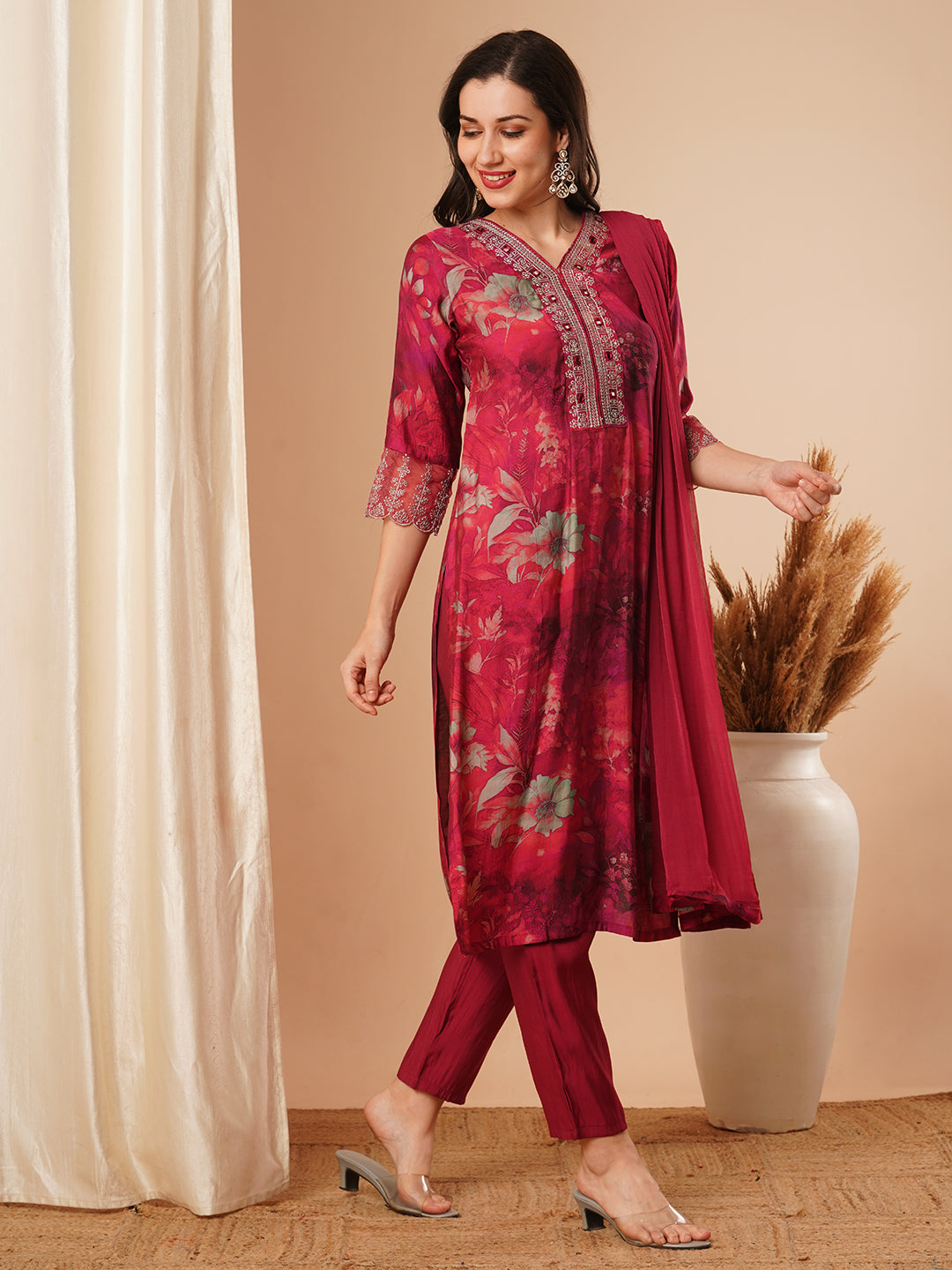 Abstract Printed & Embroidered Straight Fit Kurta with Pant and Dupatta - Magenta