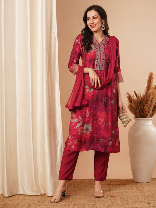 Abstract Printed & Embroidered Straight Fit Kurta with Pant and Dupatta - Magenta