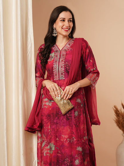 Abstract Printed & Embroidered Straight Fit Kurta with Pant and Dupatta - Magenta