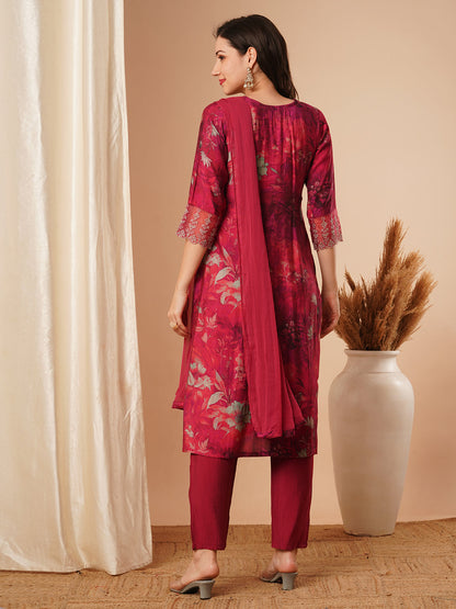 Abstract Printed & Embroidered Straight Fit Kurta with Pant and Dupatta - Magenta