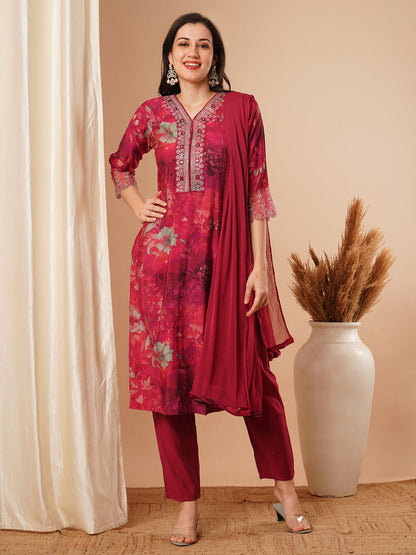 Abstract Printed & Embroidered Straight Fit Kurta with Pant and Dupatta - Magenta