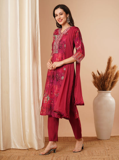 Abstract Printed & Embroidered Straight Fit Kurta with Pant and Dupatta - Magenta