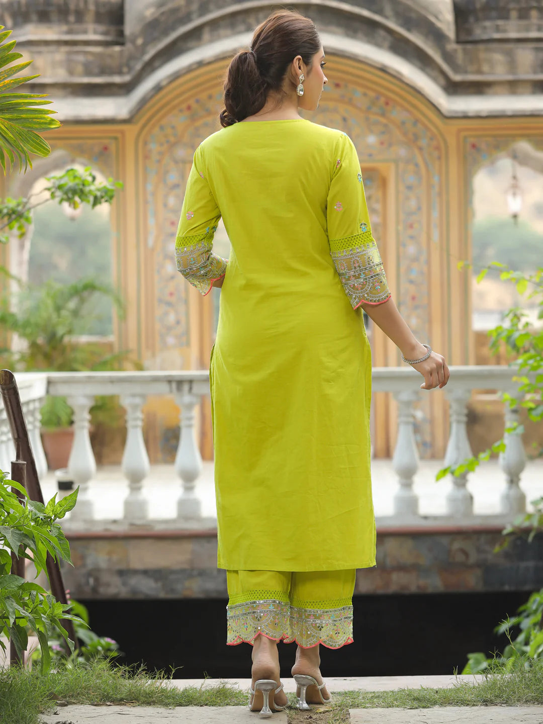 Solid Resham, Sequins & Zari Embroidered Kurta with Palazzo - Lime Green