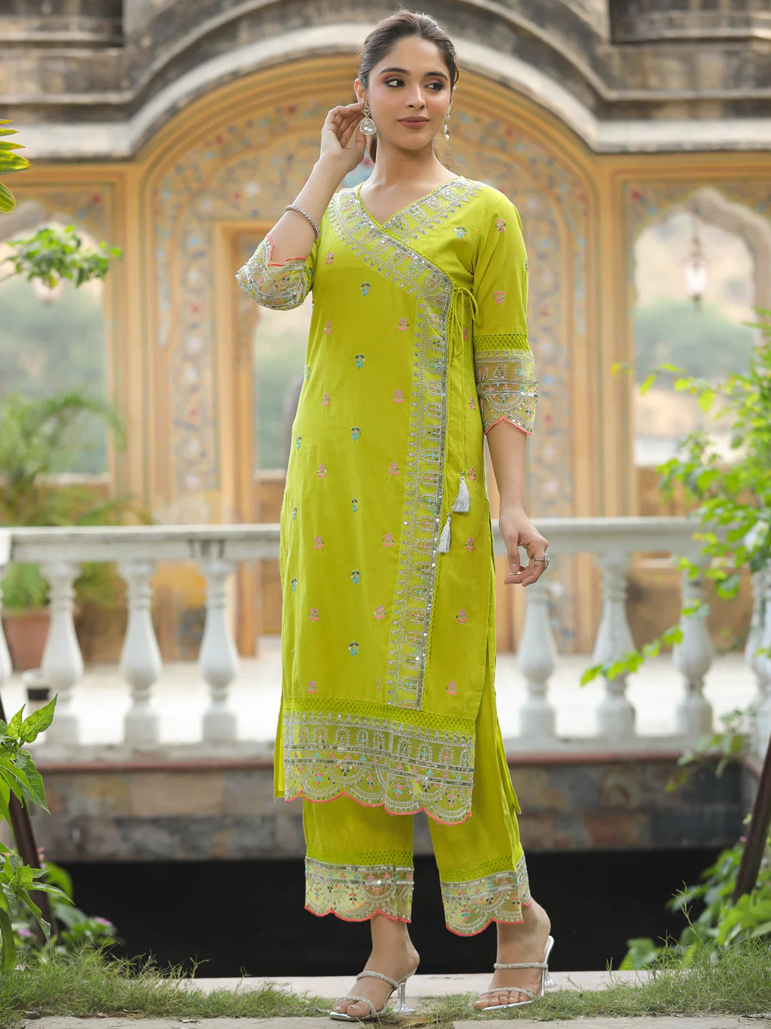 Solid Resham, Sequins & Zari Embroidered Kurta with Palazzo - Lime Green