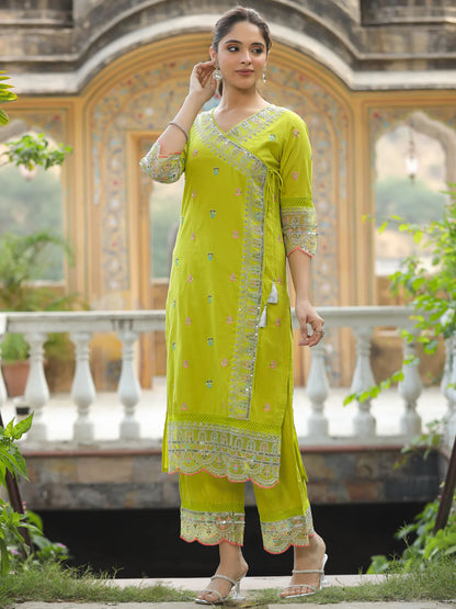 Solid Resham, Sequins & Zari Embroidered Kurta with Palazzo - Lime Green