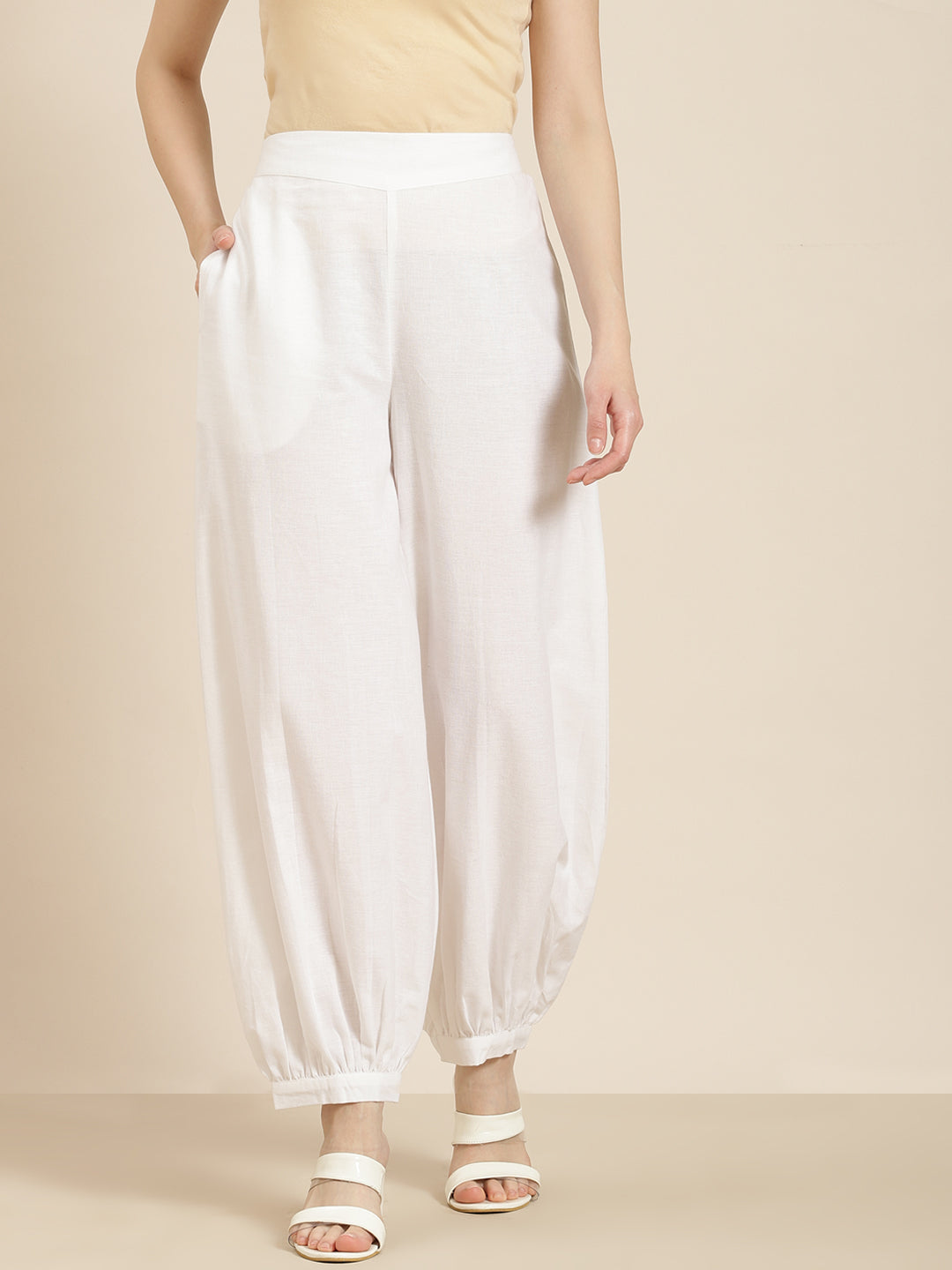 White Cotton Flex Solid Dhoti Pant