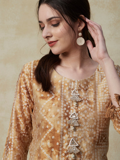 Abstract Bandhani Printed Mirror & Zari Embroidered Latkan Embellished Kurta - Cream