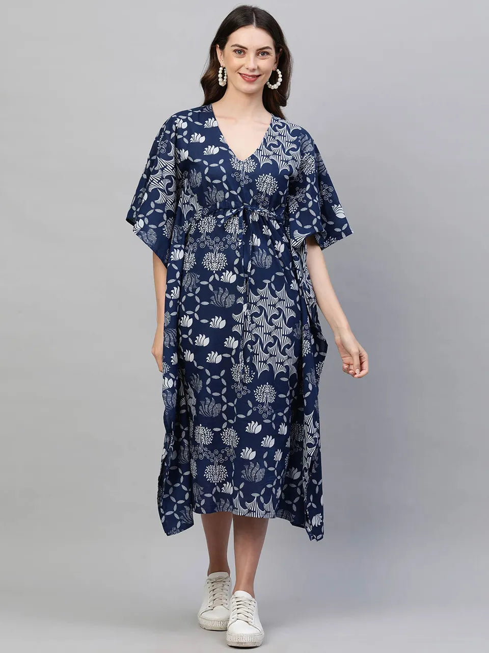 Mix Ethnic Printed Kaftan Maxi Dress - Indigo Blue