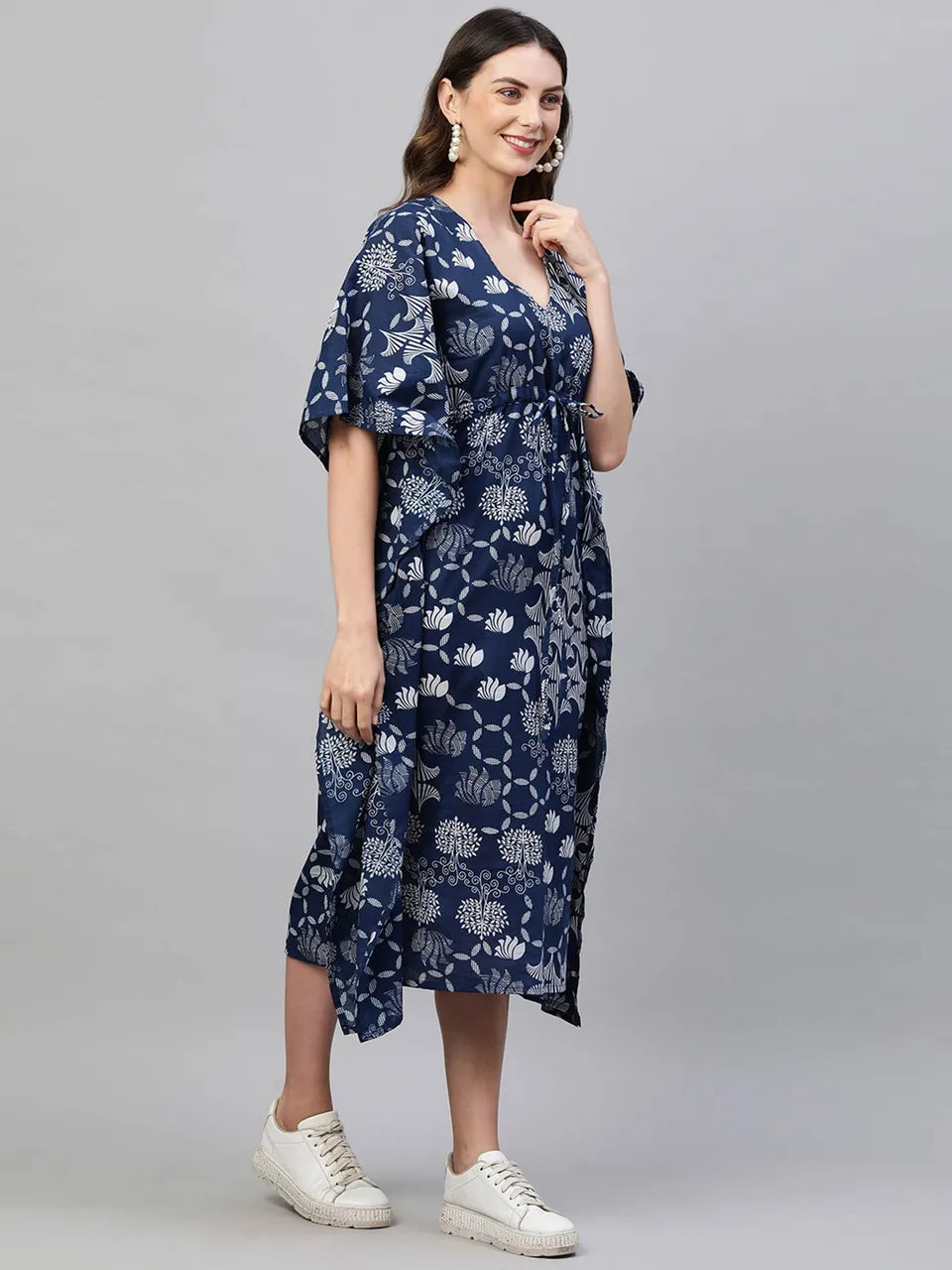 Mix Ethnic Printed Kaftan Maxi Dress - Indigo Blue