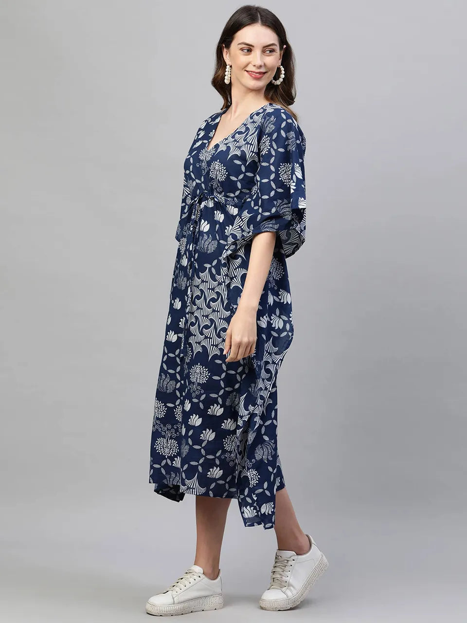 Mix Ethnic Printed Kaftan Maxi Dress - Indigo Blue