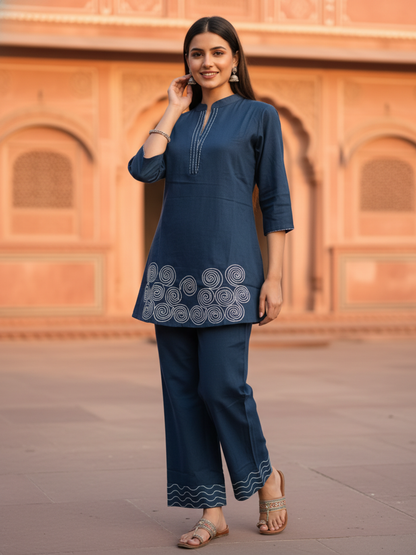 Solid Thread Work Embroidered Straight Fit Co-ord Set - Navy Blue