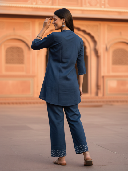 Solid Thread Work Embroidered Straight Fit Co-ord Set - Navy Blue