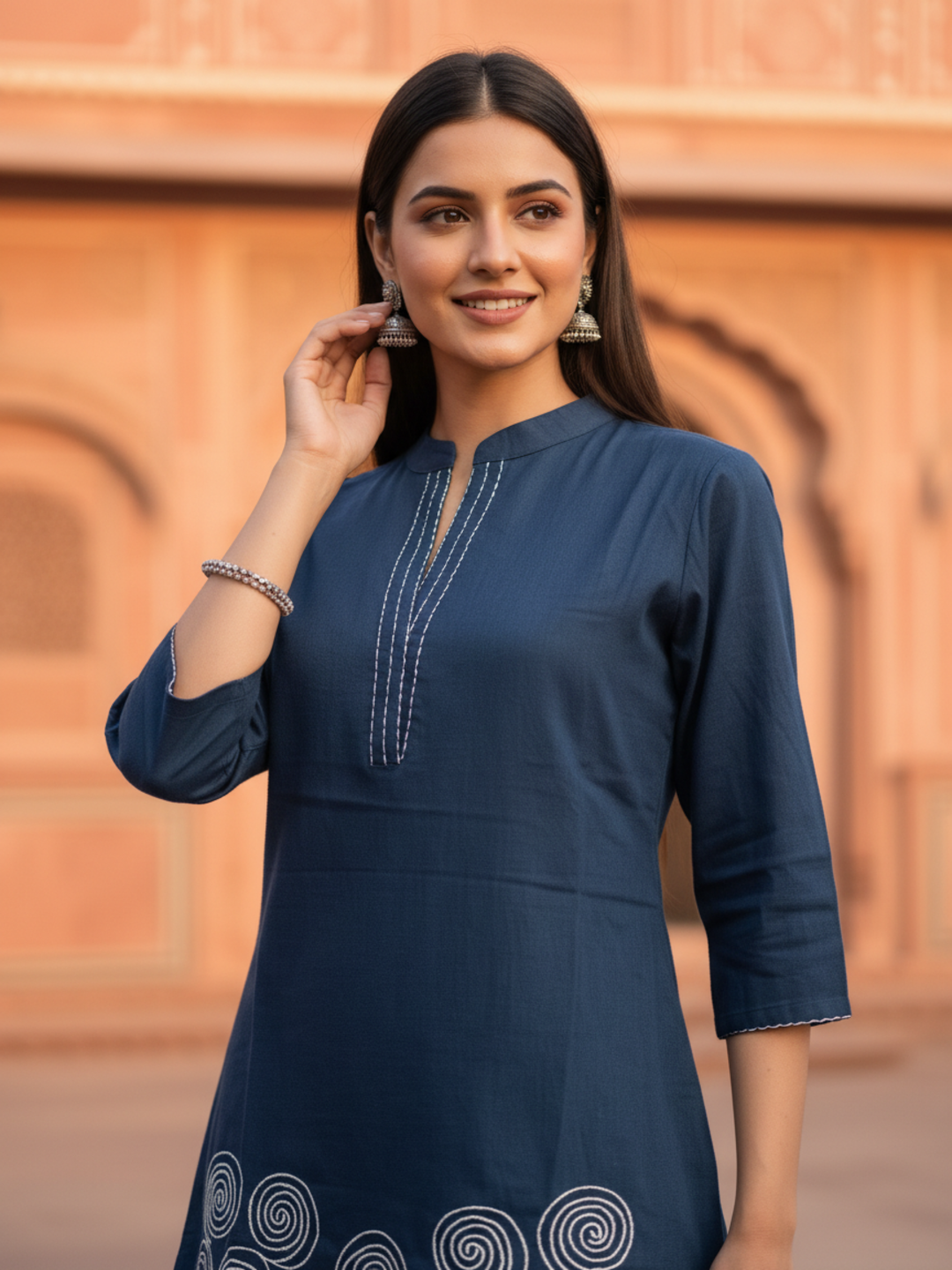 Solid Thread Work Embroidered Straight Fit Co-ord Set - Navy Blue