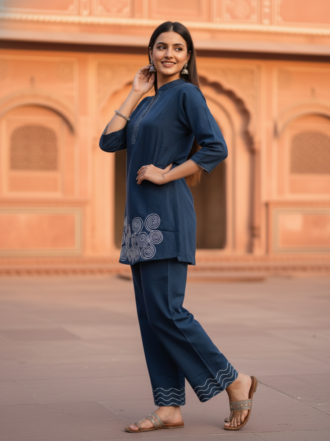 Solid Thread Work Embroidered Straight Fit Co-ord Set - Navy Blue