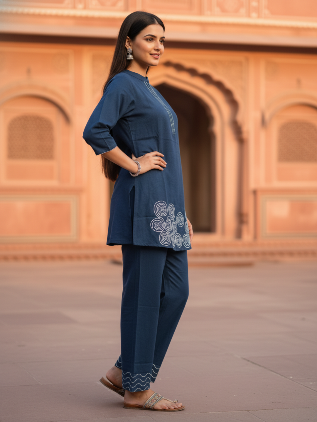 Solid Thread Work Embroidered Straight Fit Co-ord Set - Navy Blue