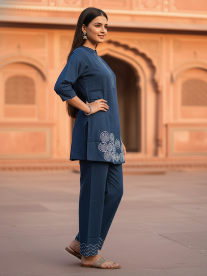 Solid Thread Work Embroidered Straight Fit Co-ord Set - Navy Blue