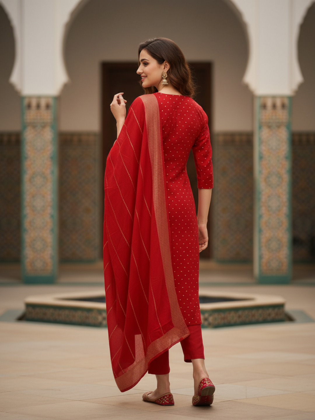 Solid Gota Patti & Sequin Embellished Straight Kurta with Pant & Dupatta - Red