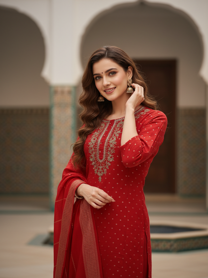 Solid Gota Patti & Sequin Embellished Straight Kurta with Pant & Dupatta - Red