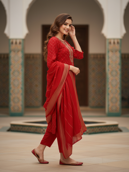 Solid Gota Patti & Sequin Embellished Straight Kurta with Pant & Dupatta - Red