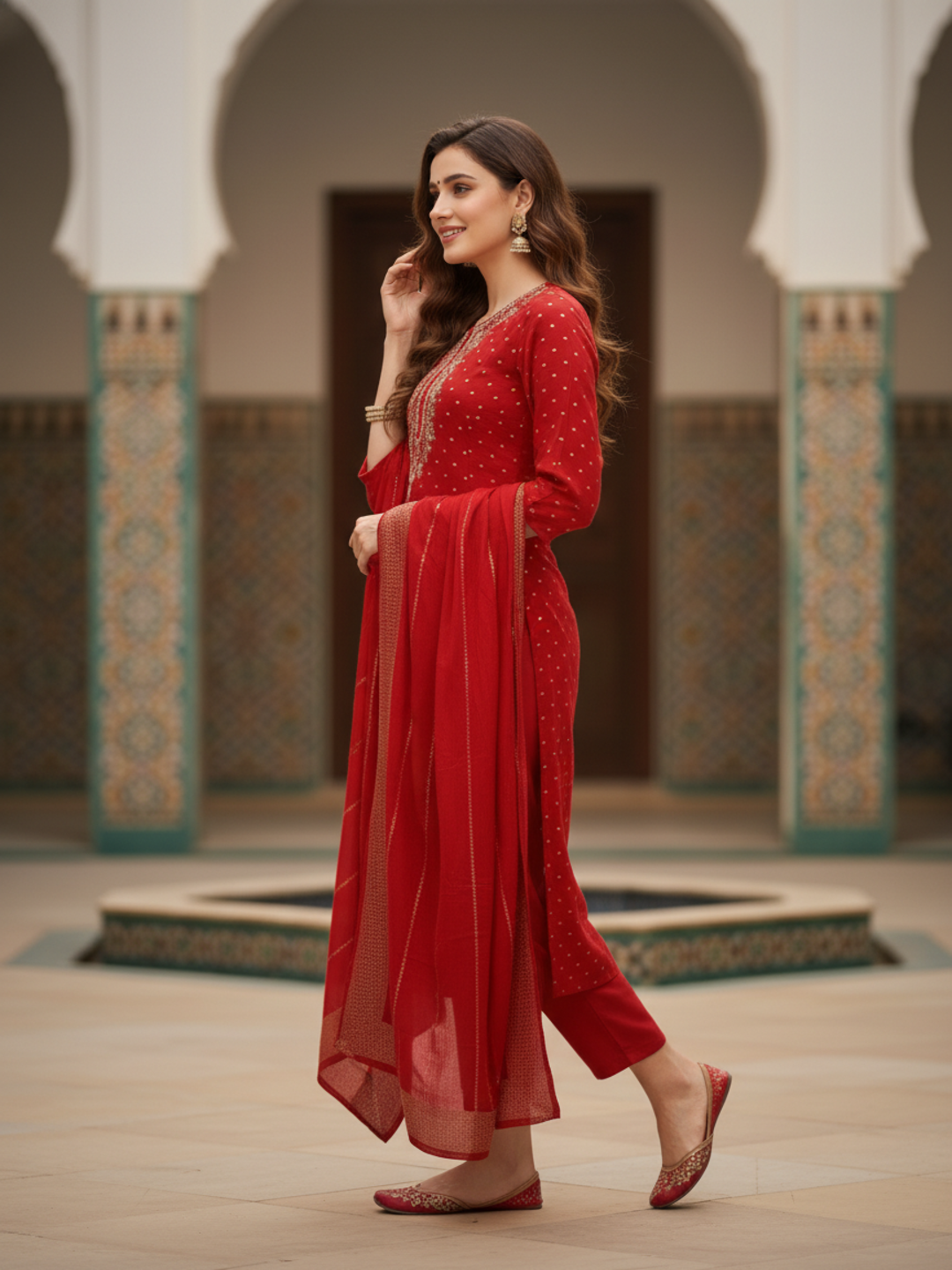 Solid Gota Patti & Sequin Embellished Straight Kurta with Pant & Dupatta - Red