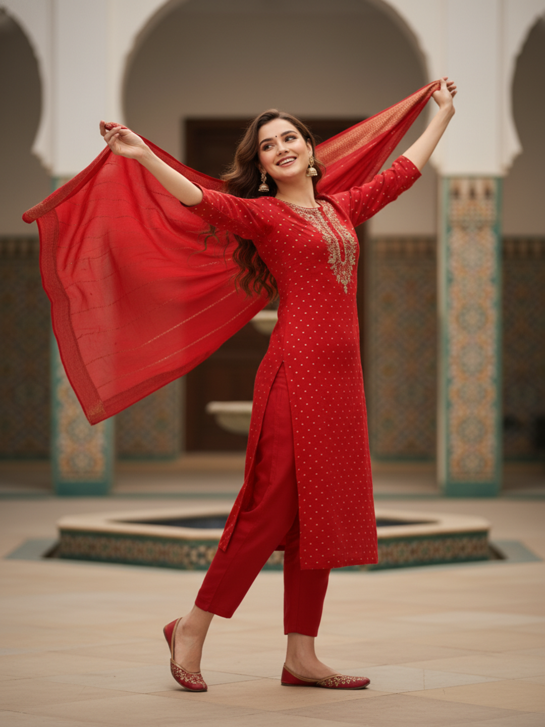 Solid Gota Patti & Sequin Embellished Straight Kurta with Pant & Dupatta - Red
