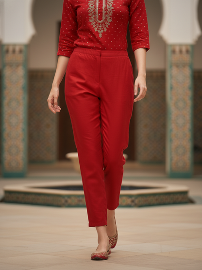 Solid Gota Patti & Sequin Embellished Straight Kurta with Pant & Dupatta - Red