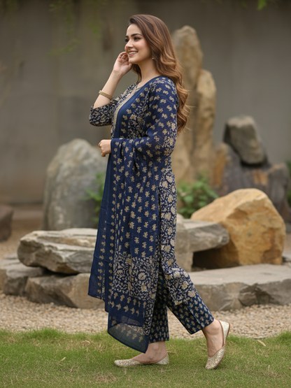 Ethnic Printed Mirror Work & Embroidered Straight Kurta with Pant & Dupatta - Blue