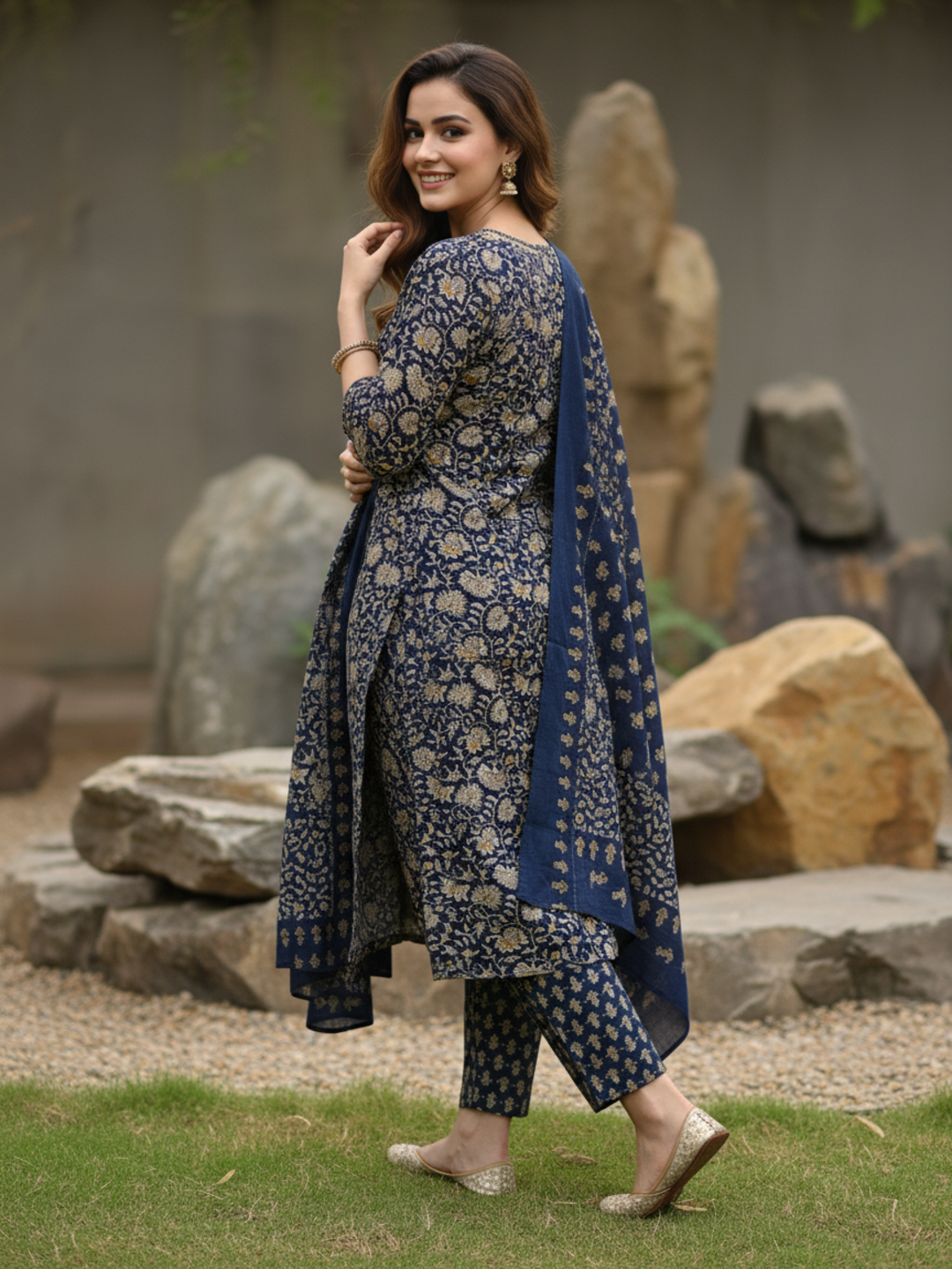 Ethnic Printed Mirror Work & Embroidered Straight Kurta with Pant & Dupatta - Blue