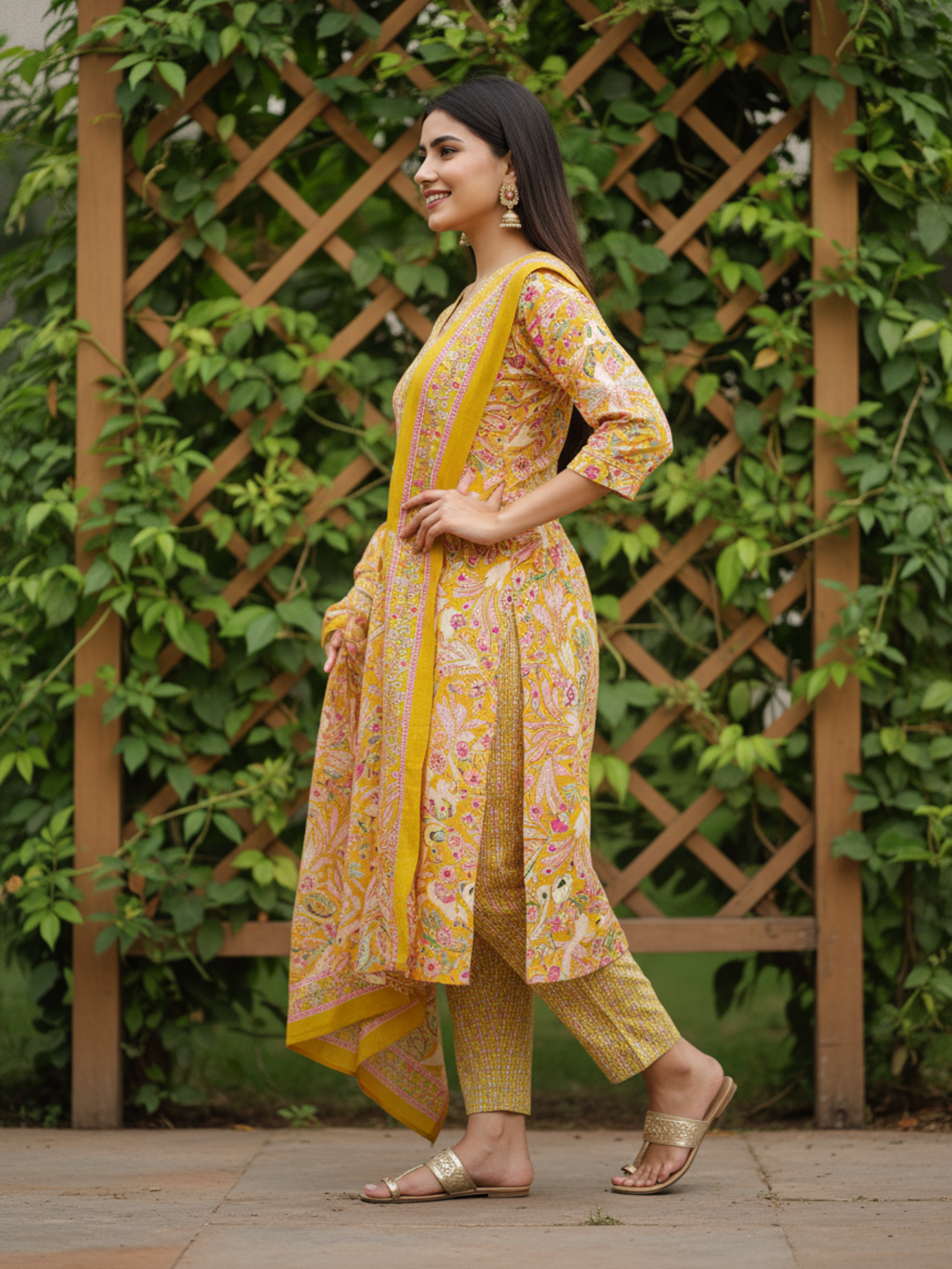 Floral Printed Mirror Work & Embroidered Straight Kurta with Pant & Dupatta - Mustard