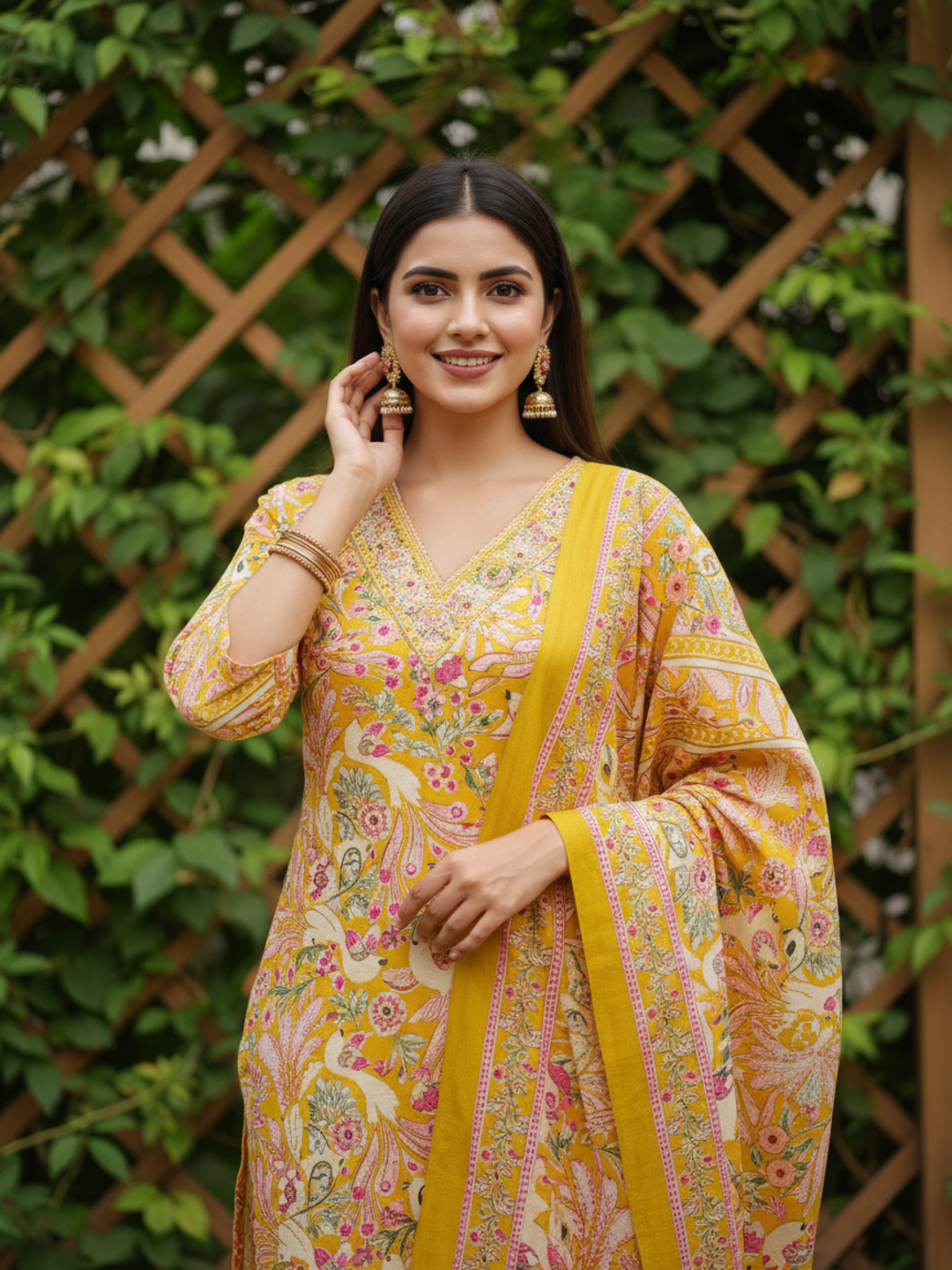 Floral Printed Mirror Work & Embroidered Straight Kurta with Pant & Dupatta - Mustard