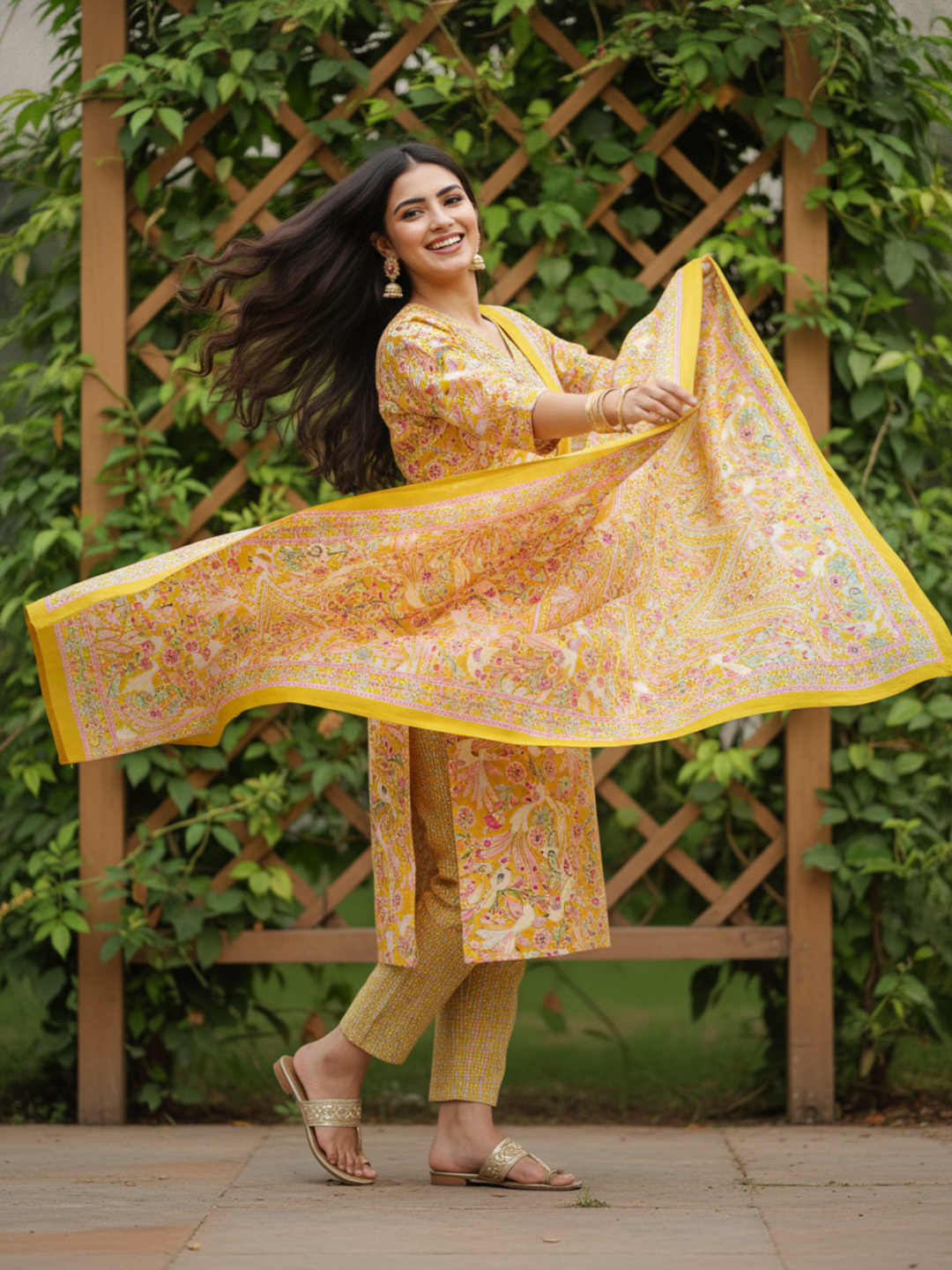 Floral Printed Mirror Work & Embroidered Straight Kurta with Pant & Dupatta - Mustard