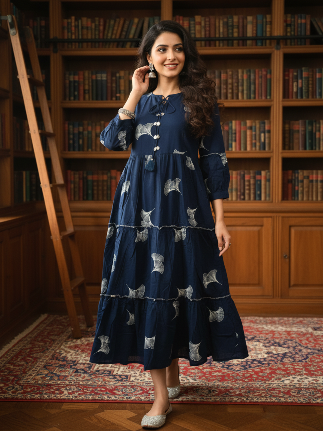 Floral Print Tiered Maxi Dress with Moti Work - Navy Blue
