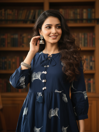 Floral Print Tiered Maxi Dress with Moti Work - Navy Blue