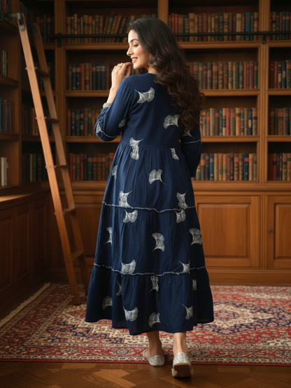 Floral Print Tiered Maxi Dress with Moti Work - Navy Blue