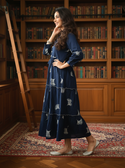 Floral Print Tiered Maxi Dress with Moti Work - Navy Blue