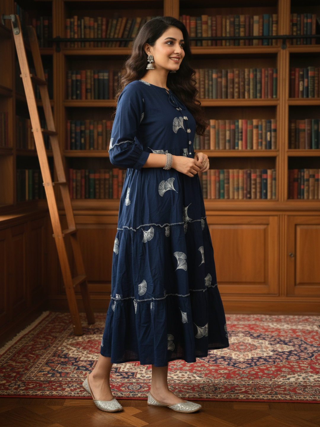 Floral Print Tiered Maxi Dress with Moti Work - Navy Blue