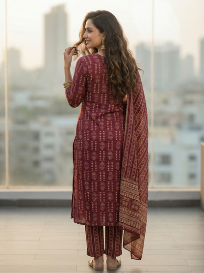 Ethnic Tribal Print Paneled Straight Kurta with Pant & Dupatta - Maroon