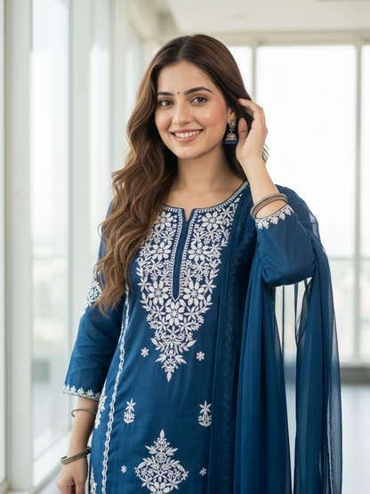 Solid Embroidered Straight Kurta with Palazzo & Dupatta - Blue