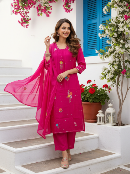 Solid Mirror Work & Sequin Embroidered A-Line Kurta with Palazzo & Dupatta - Rani Pink