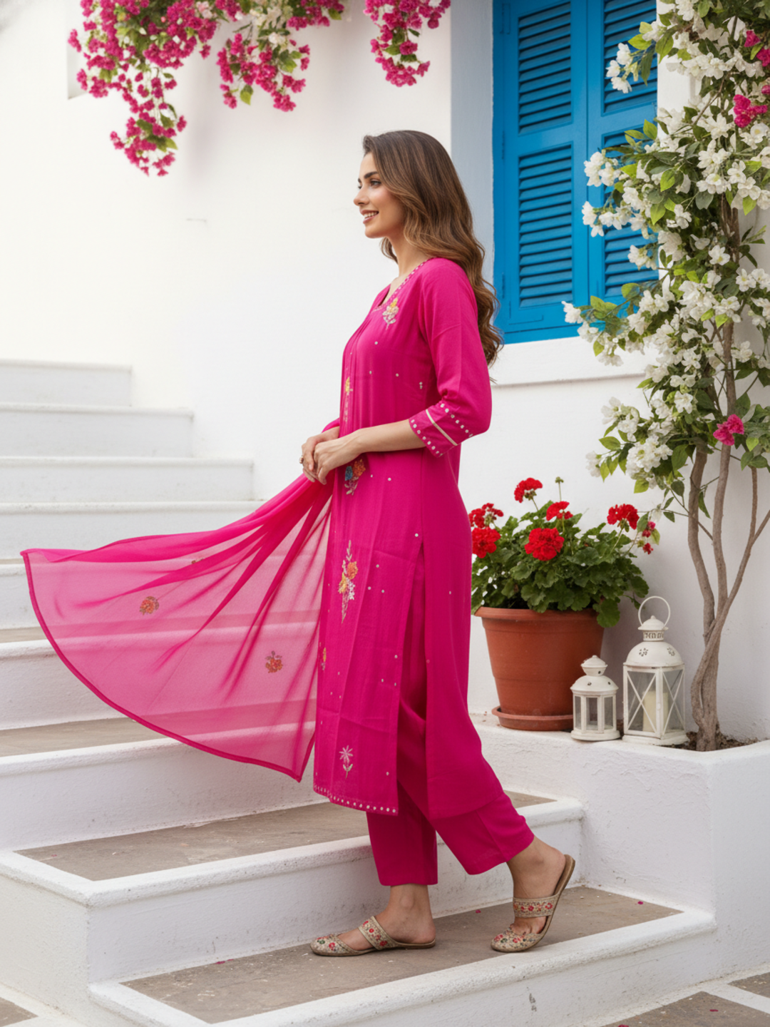 Solid Mirror Work & Sequin Embroidered A-Line Kurta with Palazzo & Dupatta - Rani Pink