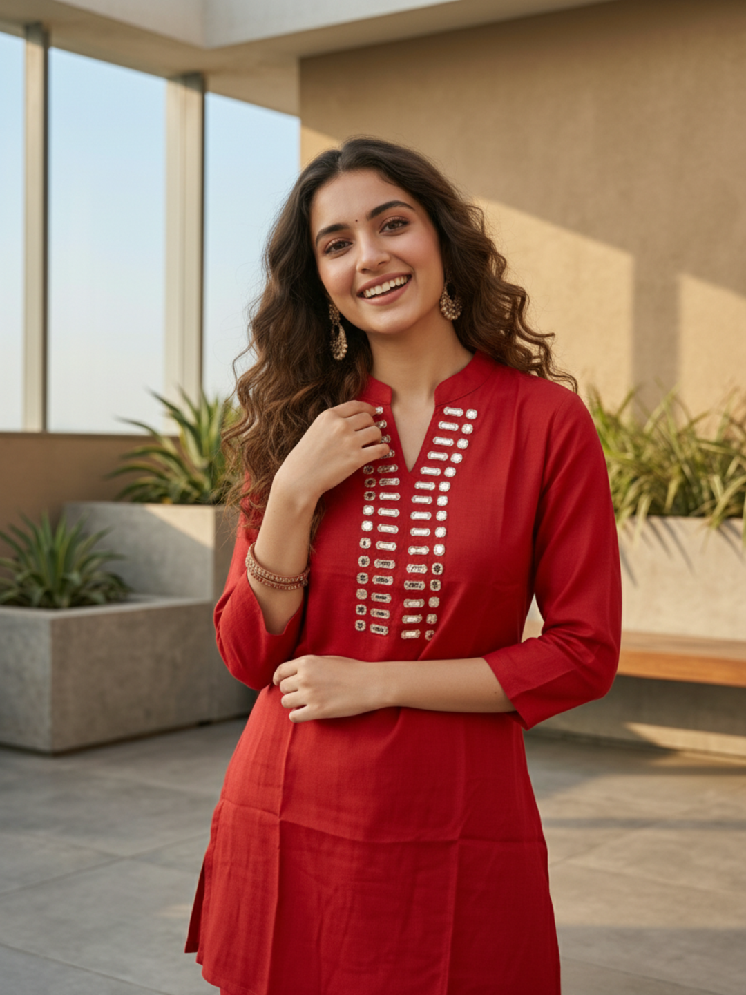 Solid Mirror Work Embroidered Straight Top with Palazzo - Rust