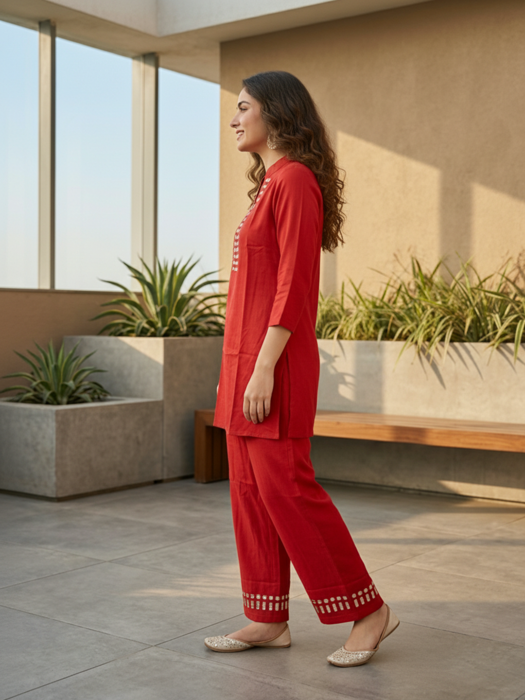 Solid Mirror Work Embroidered Straight Top with Palazzo - Rust