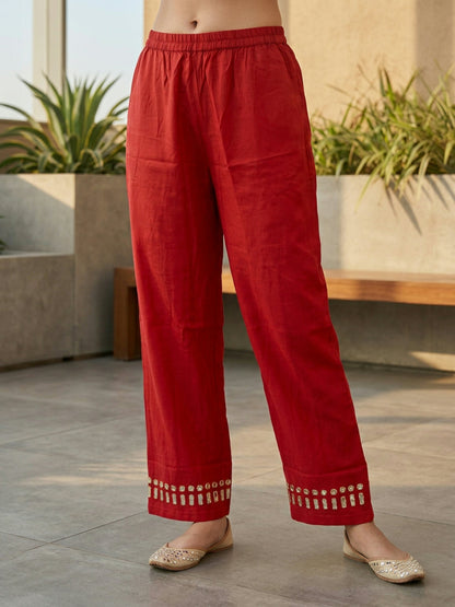 Solid Mirror Work Embroidered Straight Top with Palazzo - Rust