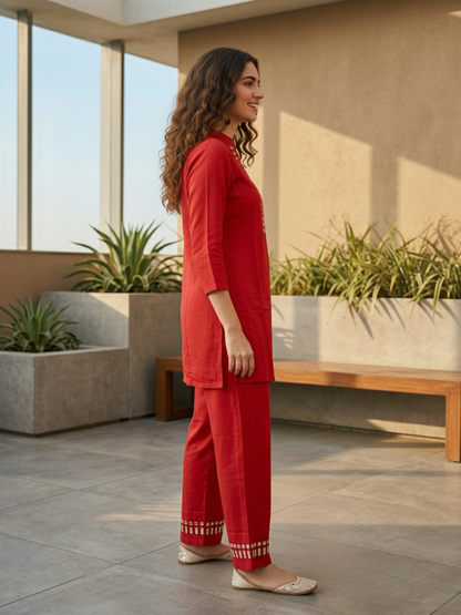 Solid Mirror Work Embroidered Straight Top with Palazzo - Rust