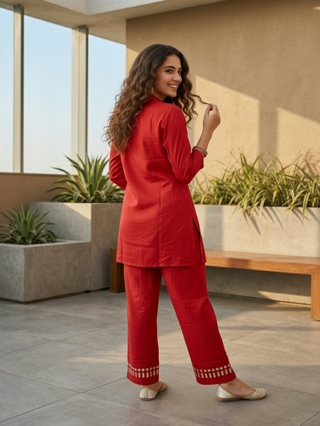 Solid Mirror Work Embroidered Straight Top with Palazzo - Rust