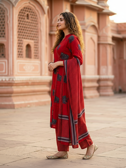 Ethnic Elephant Printed Straight Kurta with Pant & Dupatta - Rust
