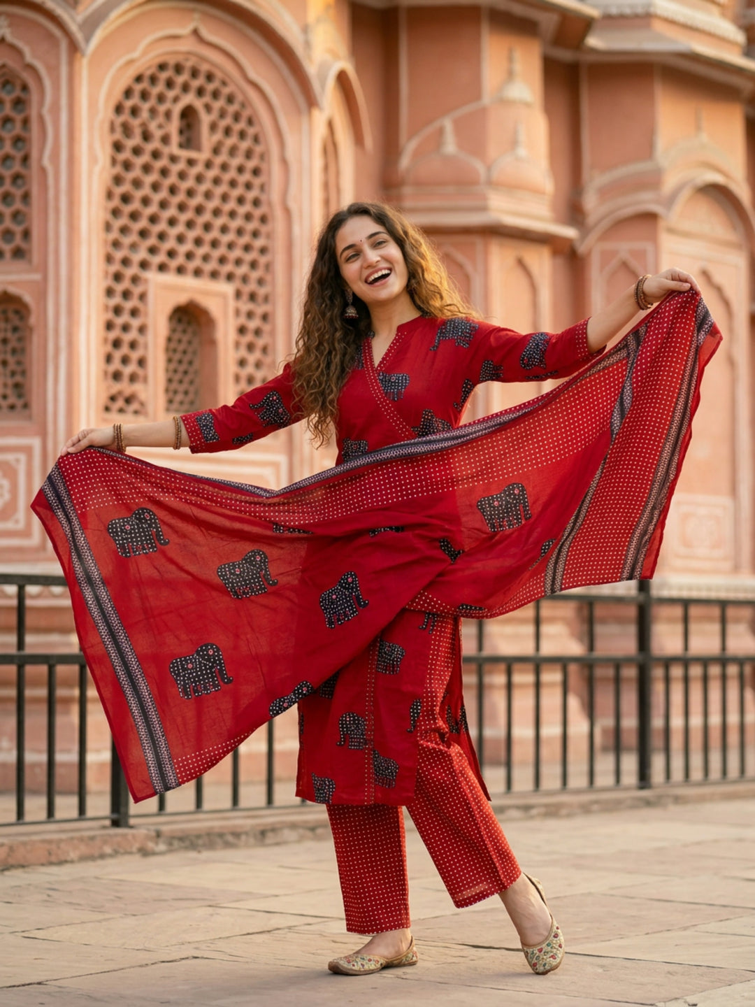 Ethnic Elephant Printed Straight Kurta with Pant & Dupatta - Rust