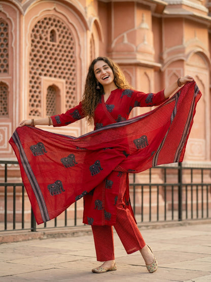Ethnic Elephant Printed Straight Kurta with Pant & Dupatta - Rust
