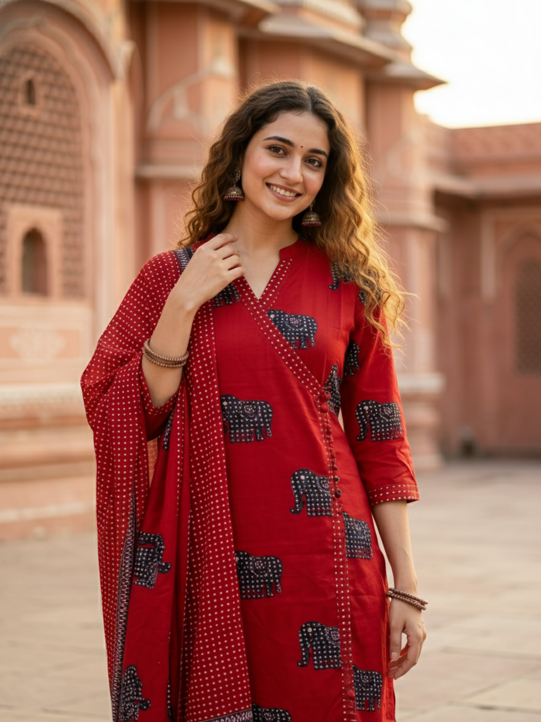 Ethnic Elephant Printed Straight Kurta with Pant & Dupatta - Rust
