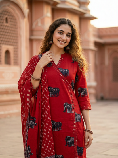 Ethnic Elephant Printed Straight Kurta with Pant & Dupatta - Rust
